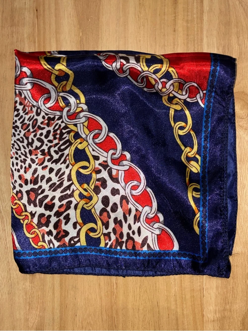 Vintage Chain & Leopard Print Scarf | Navy Blue & Red Silk-Feel